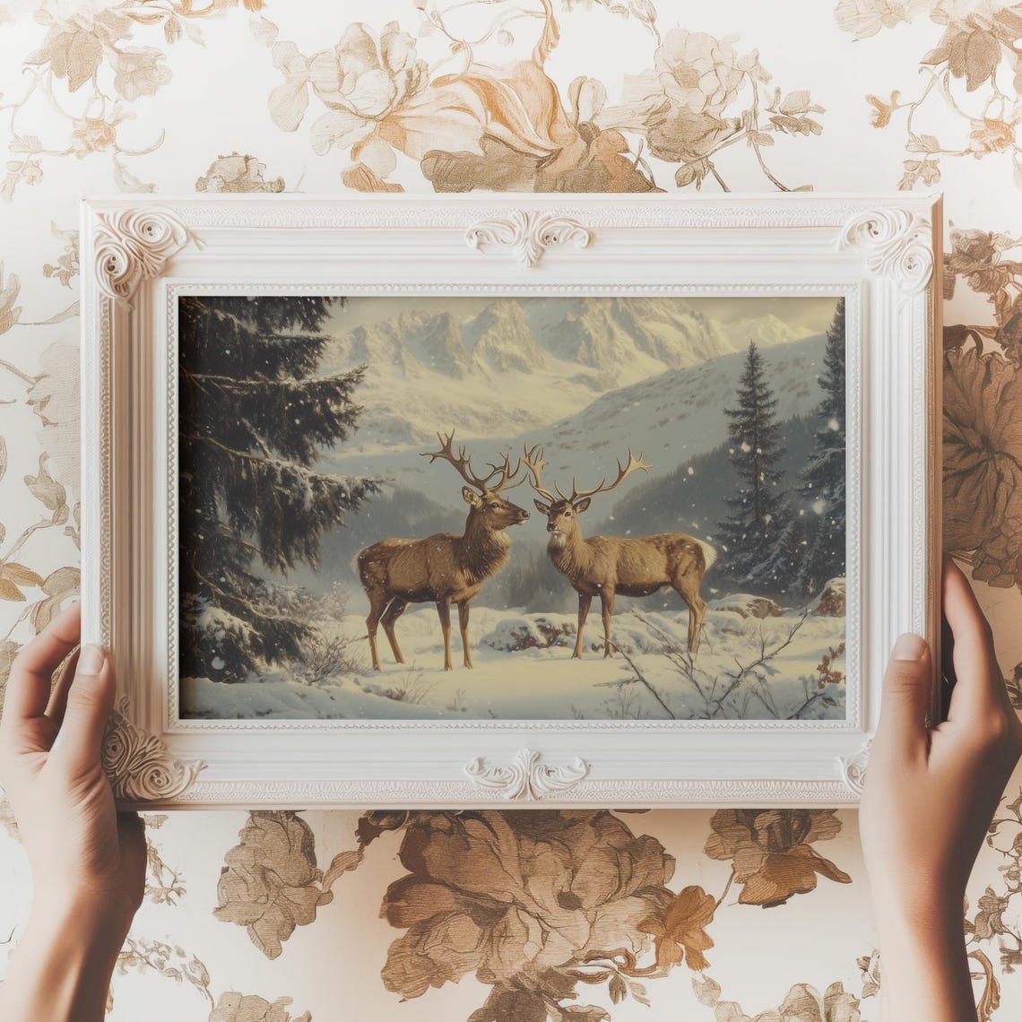 Two Stags in Snowy Mountain Valley Winter Wildlife Landscape Poster