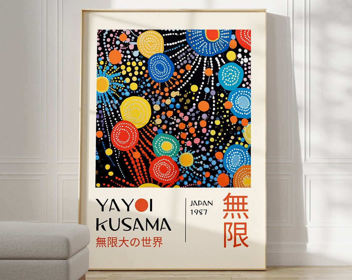 Yayoi Kusama 1987 Infinity Fireworks Dots Black Ground Art Poster