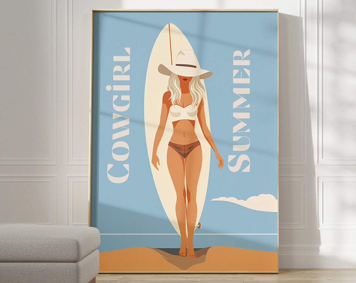 Cowgirl Summer Surfer Girl Cowboy Hat Beach Illustration Poster