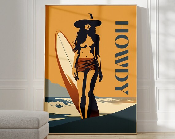 Howdy Coastal Cowgirl Surfer Girl Orange Sunset Retro Beach Poster
