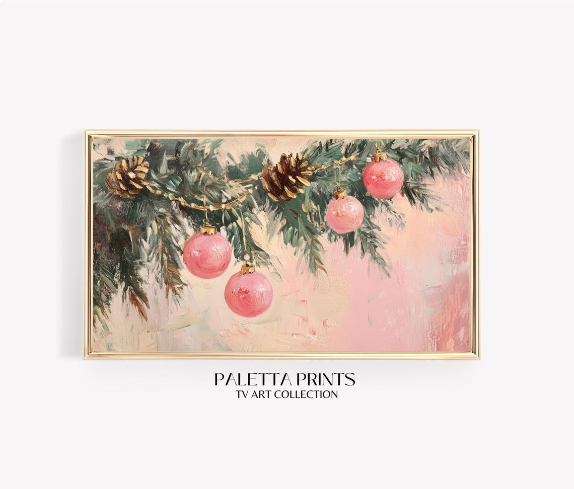 Pink Bauble Ornaments Snowy Pine Branch Pinecone Holiday Wall Art