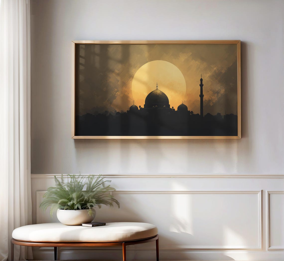 Mosque Sunset Frame Tv Art Islamic Silhouette With Golden Glow Spiritual Ramadan Decor Muslim Home Middle Eastern Art Aesthetic Islam - Image 2
