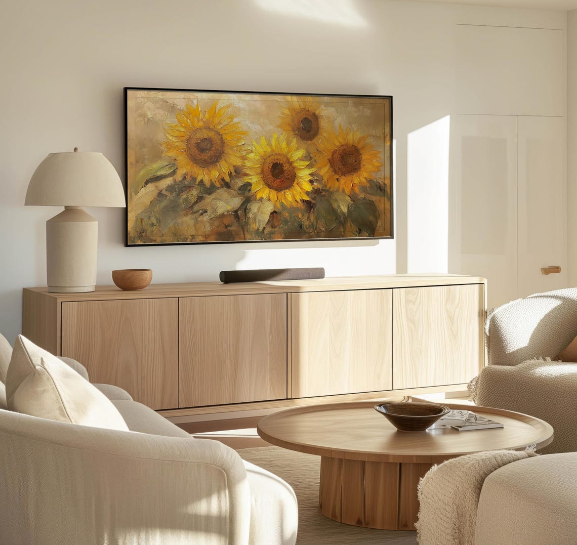 Golden Sunflower Blooms Close Up Impressionist Rustic Summer Wall Art - Image 3