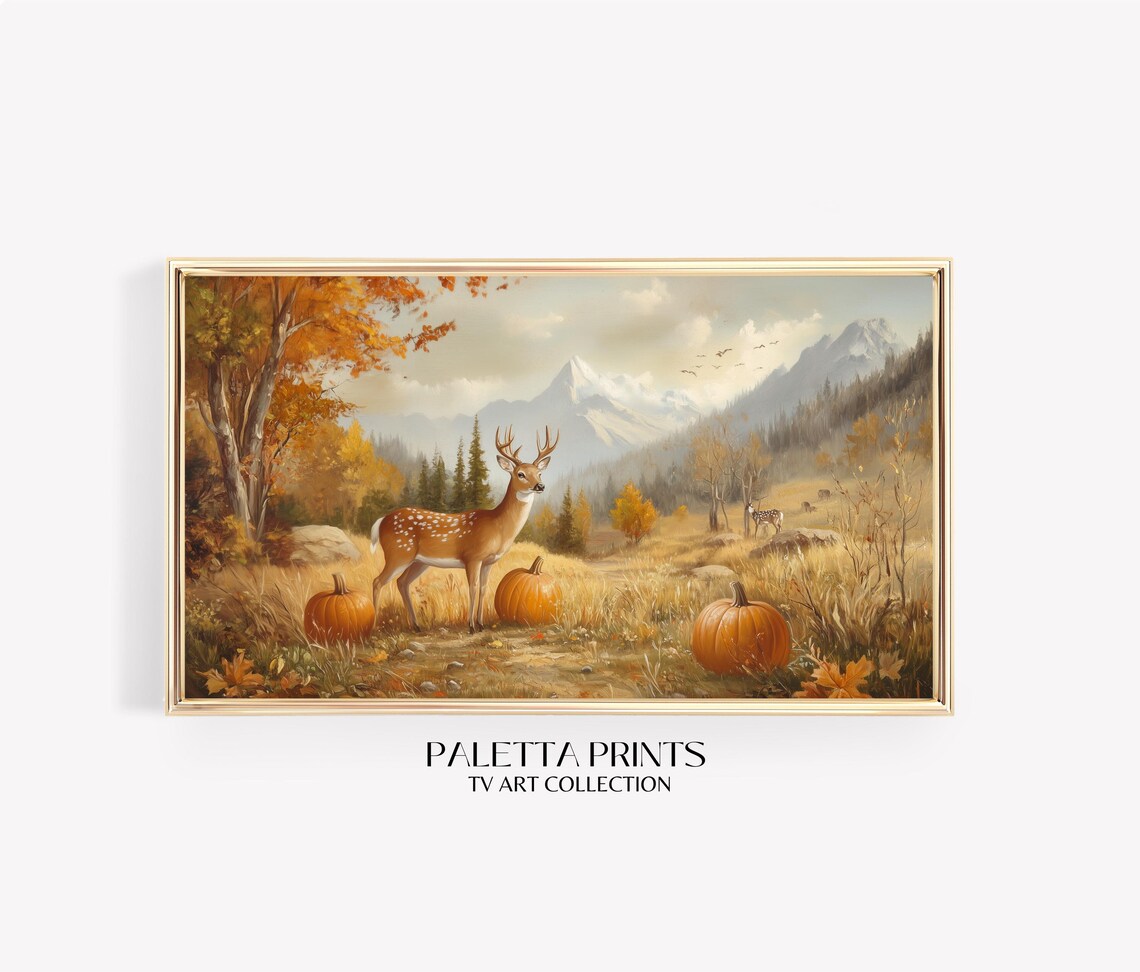Spotted Deer Among Pumpkins Mountain Meadow Autumn Wildlife Fall Wall Art