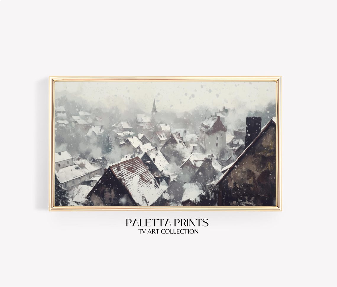 Snow Covered European Town Rooftops Aerial Winter Art Poster
