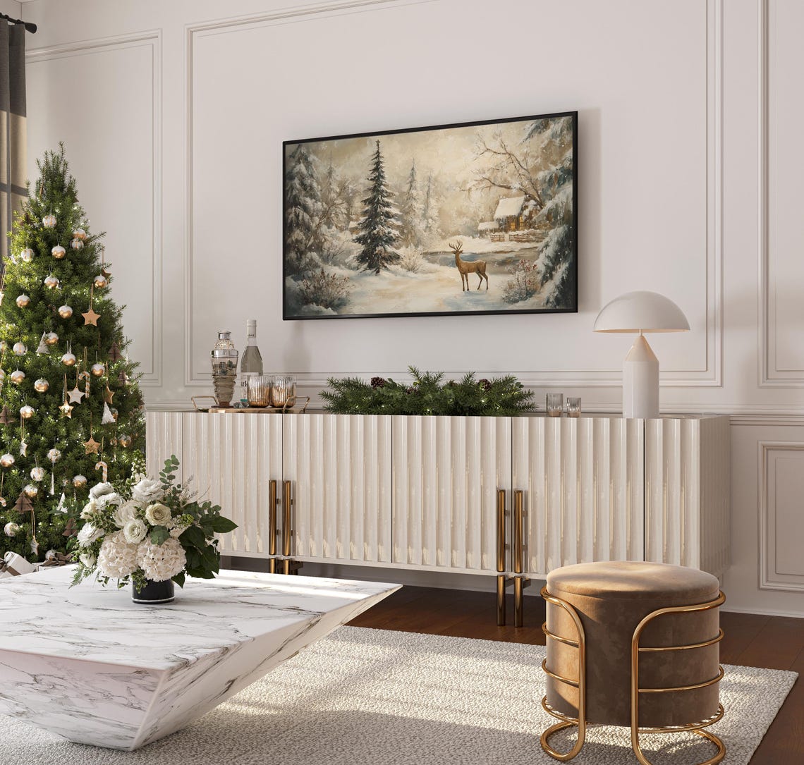 Deer In Snowy Forest With Warm Cabin Vintage Winter Scene Art Poster - Image 3