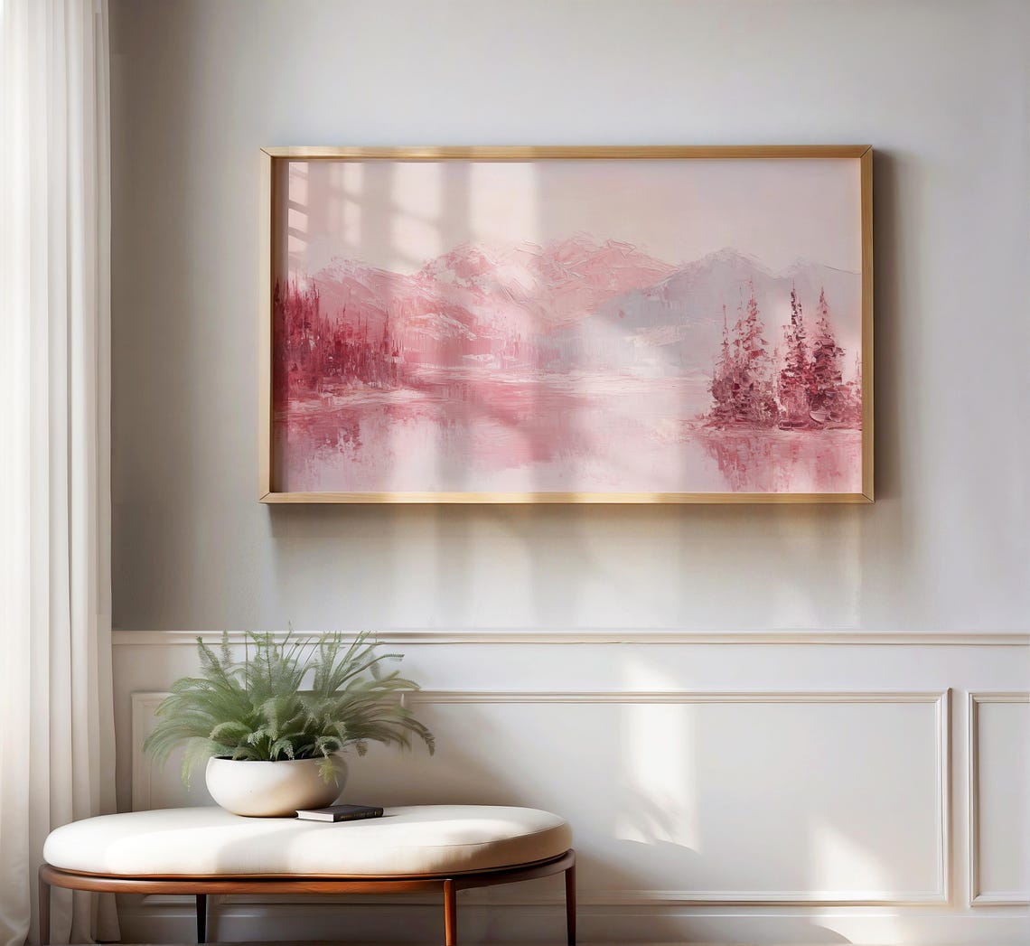 Blush Pink Mountain Lake Snowy Peaks Pastel Nature Scene Poster - Image 2