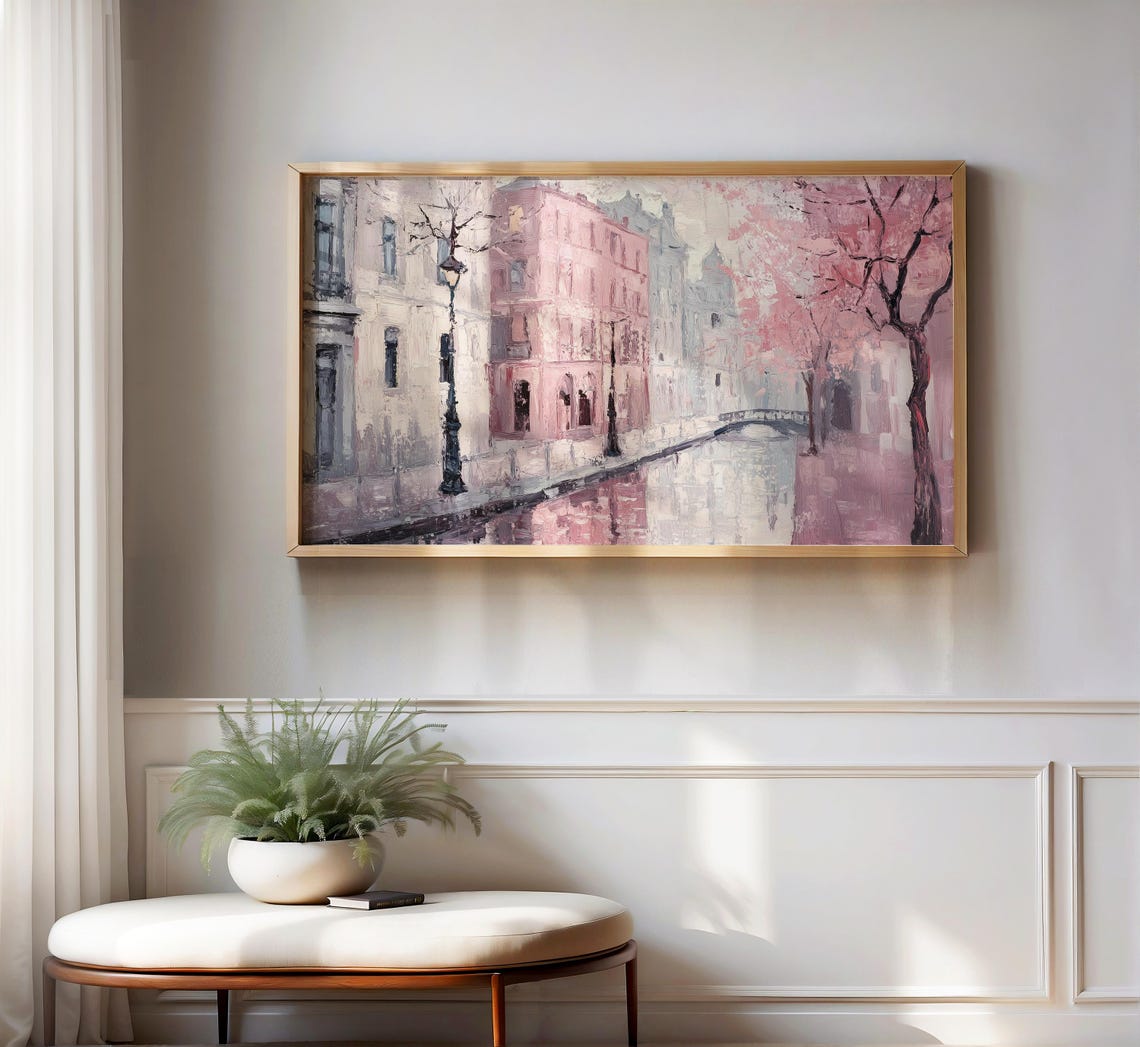 Pink Canal Cityscape Blossom Trees Romantic Street Art Poster - Image 2
