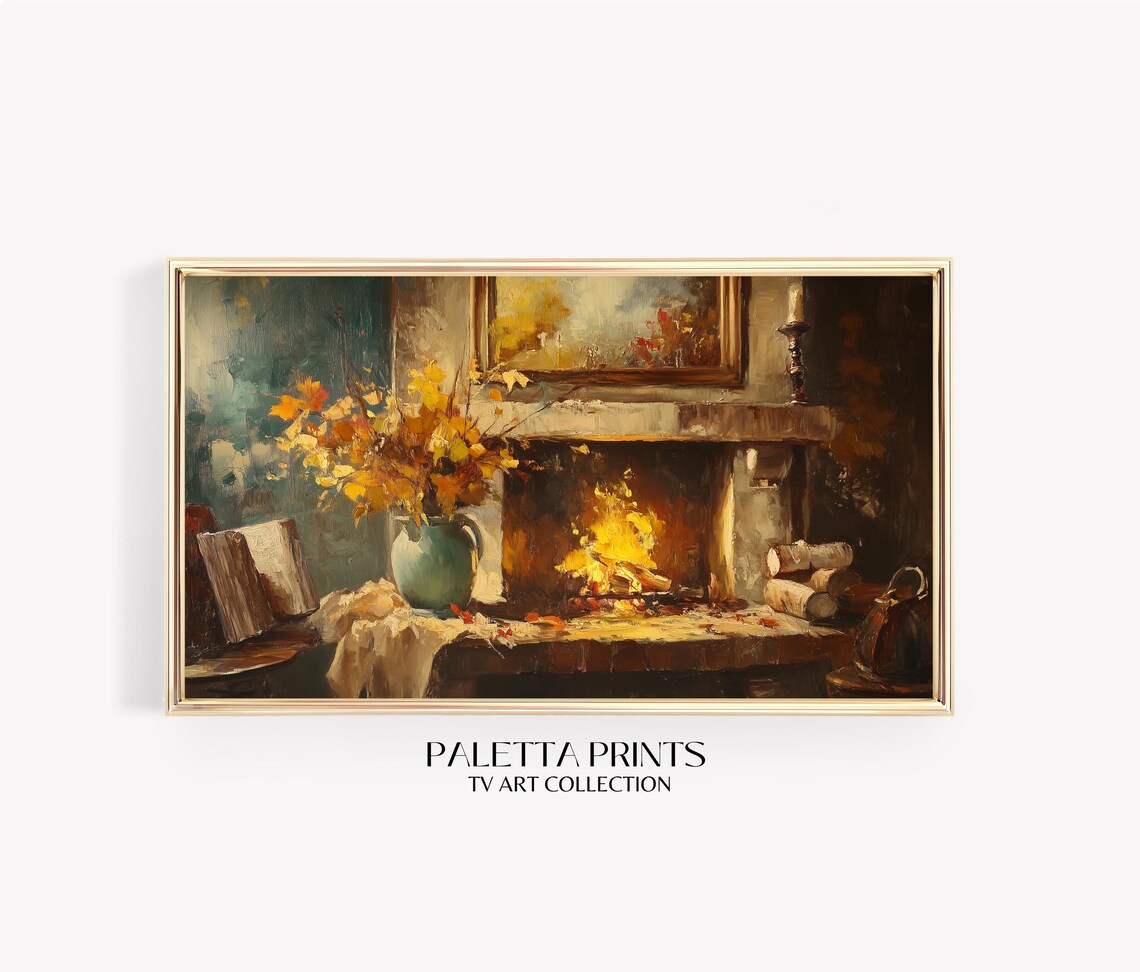 Frame Tv Rustic Fall Fireplace Art Art For Frame Tvs Forest Scene Tv Art Vintage Scene Tv Art Paletta Prints