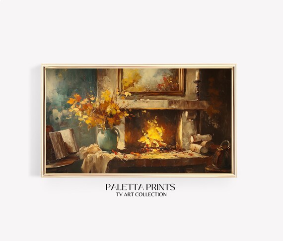 Frame Tv Rustic Fall Fireplace Art Art For Frame Tvs Forest Scene Tv Art Vintage Scene Tv Art Paletta Prints