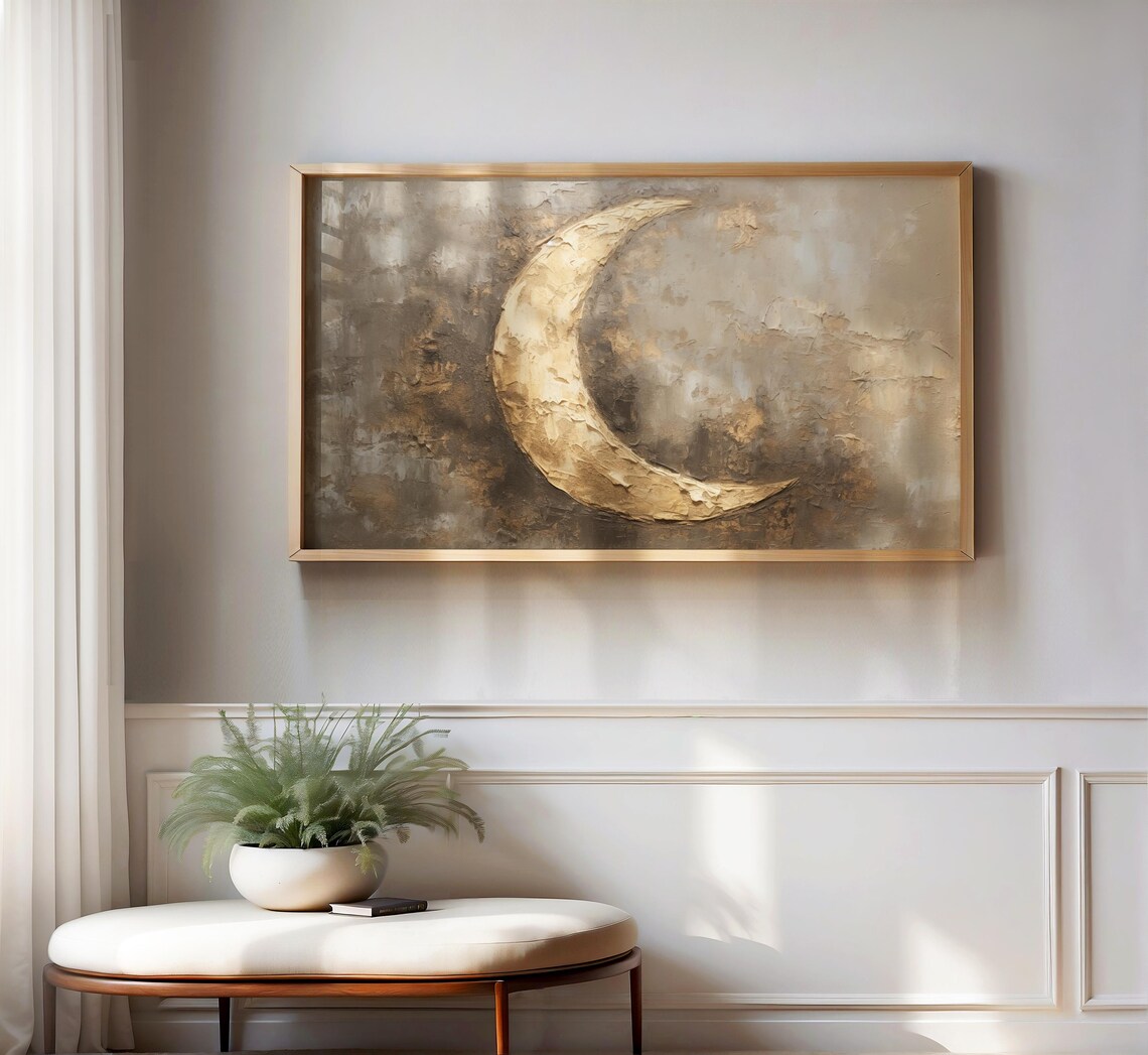 Crescent Moon Textured Abstract Painting Beige Gold Ramadan Art Wall Poster - Image 2