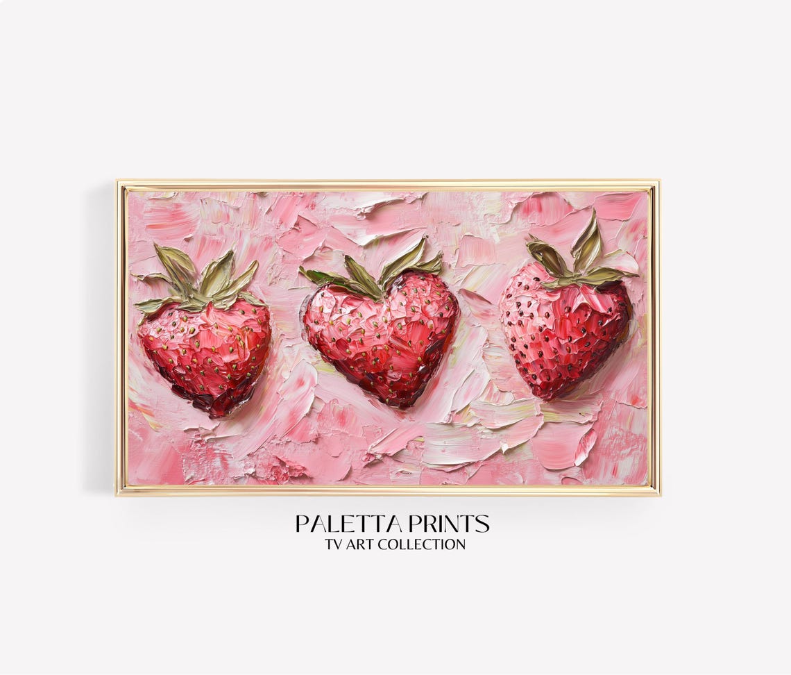 Heart Shaped Strawberries Trio Pink Impasto Kitchen Art Poster