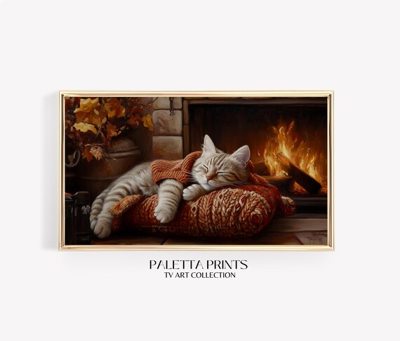 Napping Kitten Knit Basket Fireplace Warm Fall Art Wall Poster