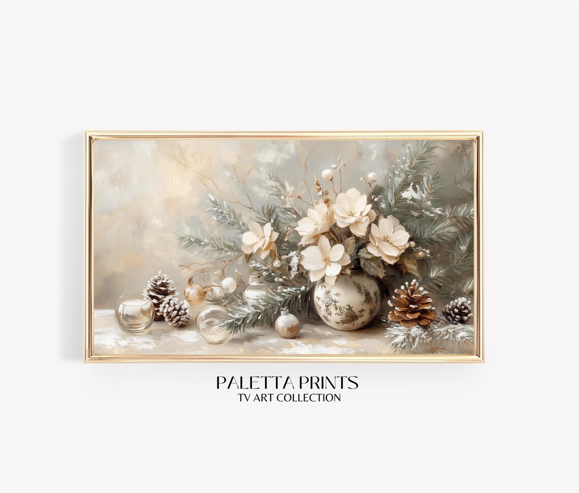Christmas Floral Frame TV Art, Neutral Holiday Art Print