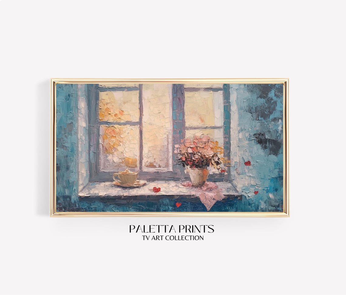 Cozy Blue Window Still Life Teacup Flowers Impressionist Poster
