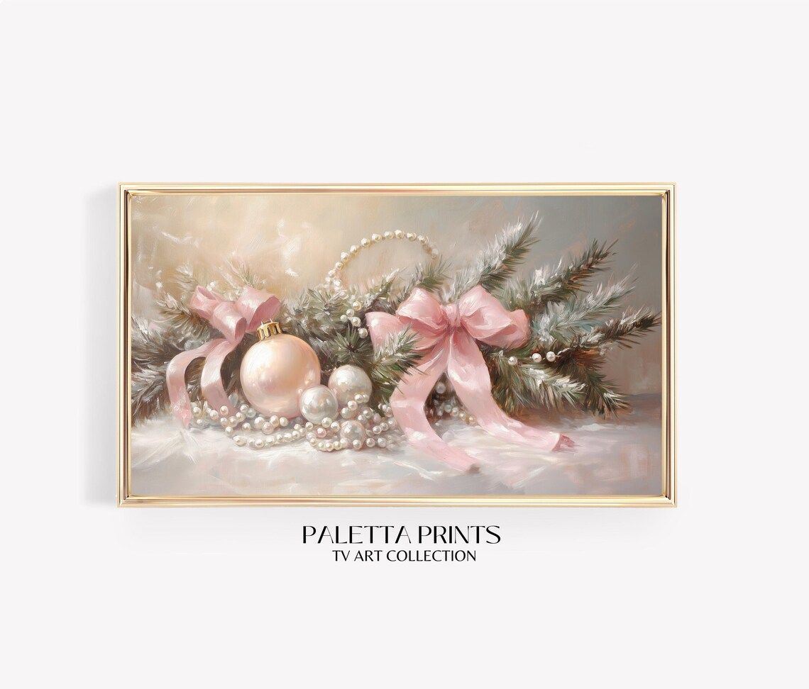 Elegant Pink Bow Ribbon Garland Christmas Painting Pearls Art Print