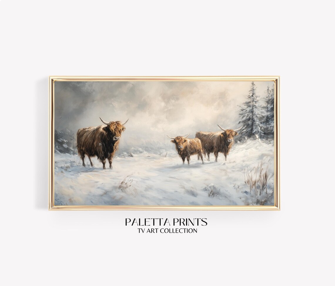Highland Cattle Snowy Winter Field Rustic Farmhouse Painting Tv Poster