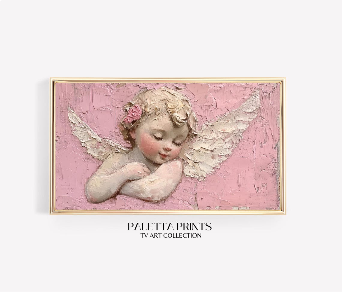 Sleeping Cherub White Wings Pink Impasto Sweet Angel Art Poster
