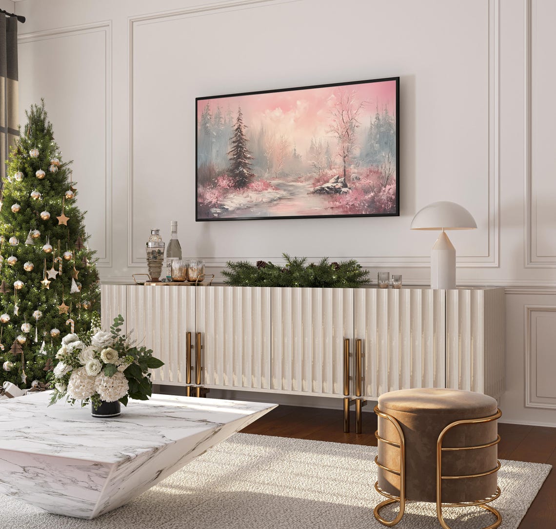 Serene Pink Winter Landscape Snowy Forest Stream Snowfall Wall Art - Image 3