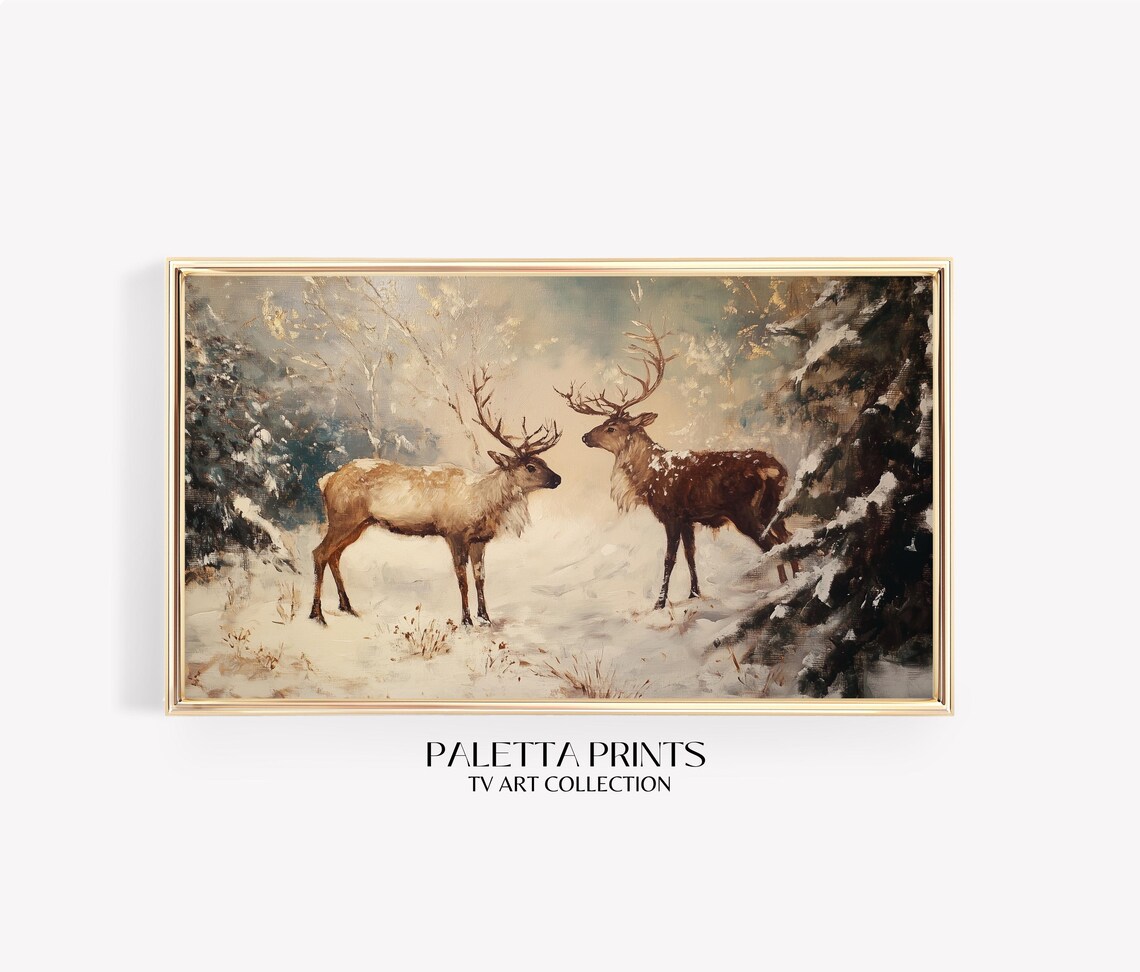 Two Stags In Snowy Winter Forest Vintage Wildlife Painting Art Poster