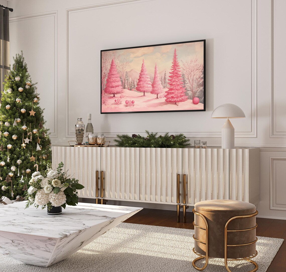 Pink Winter Wonderland Snowy Forest Christmas Trees Ornaments Art - Image 3