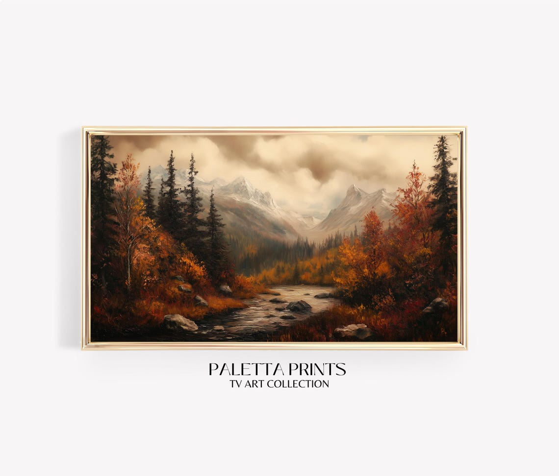 Mountain Stream Snow Capped Peaks Autumn Foliage Valley Travel Poster