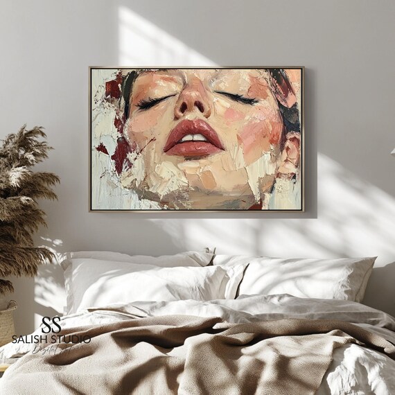 Abstract Woman Face Red Lips Expressive Oil Painting Modern Poster