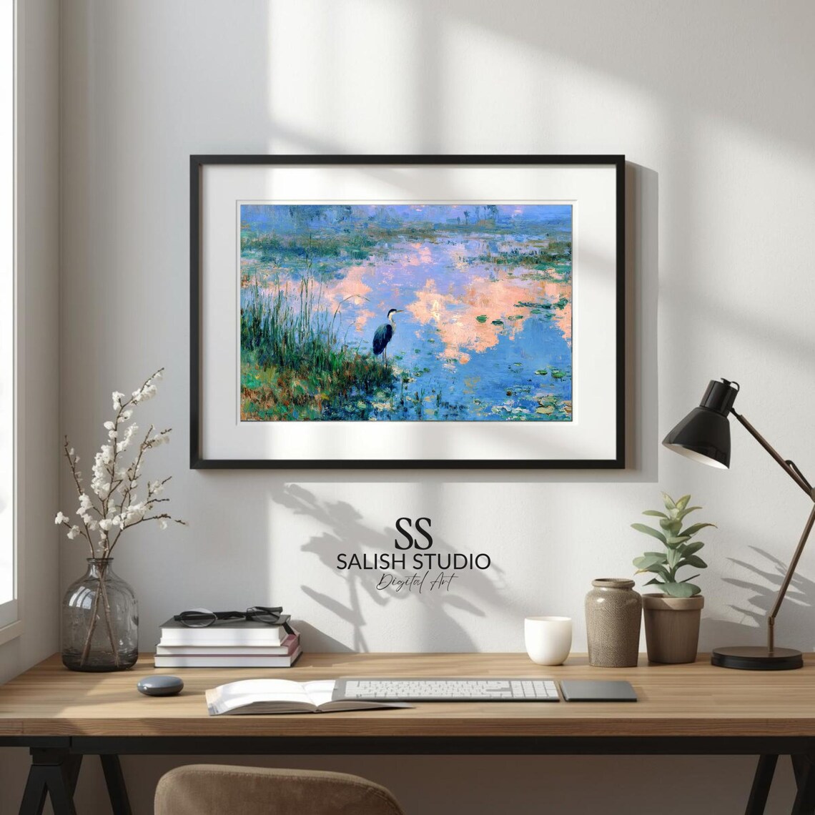 Blue Heron Marsh Sunset Reflection Impressionist Bird Painting Art Poster