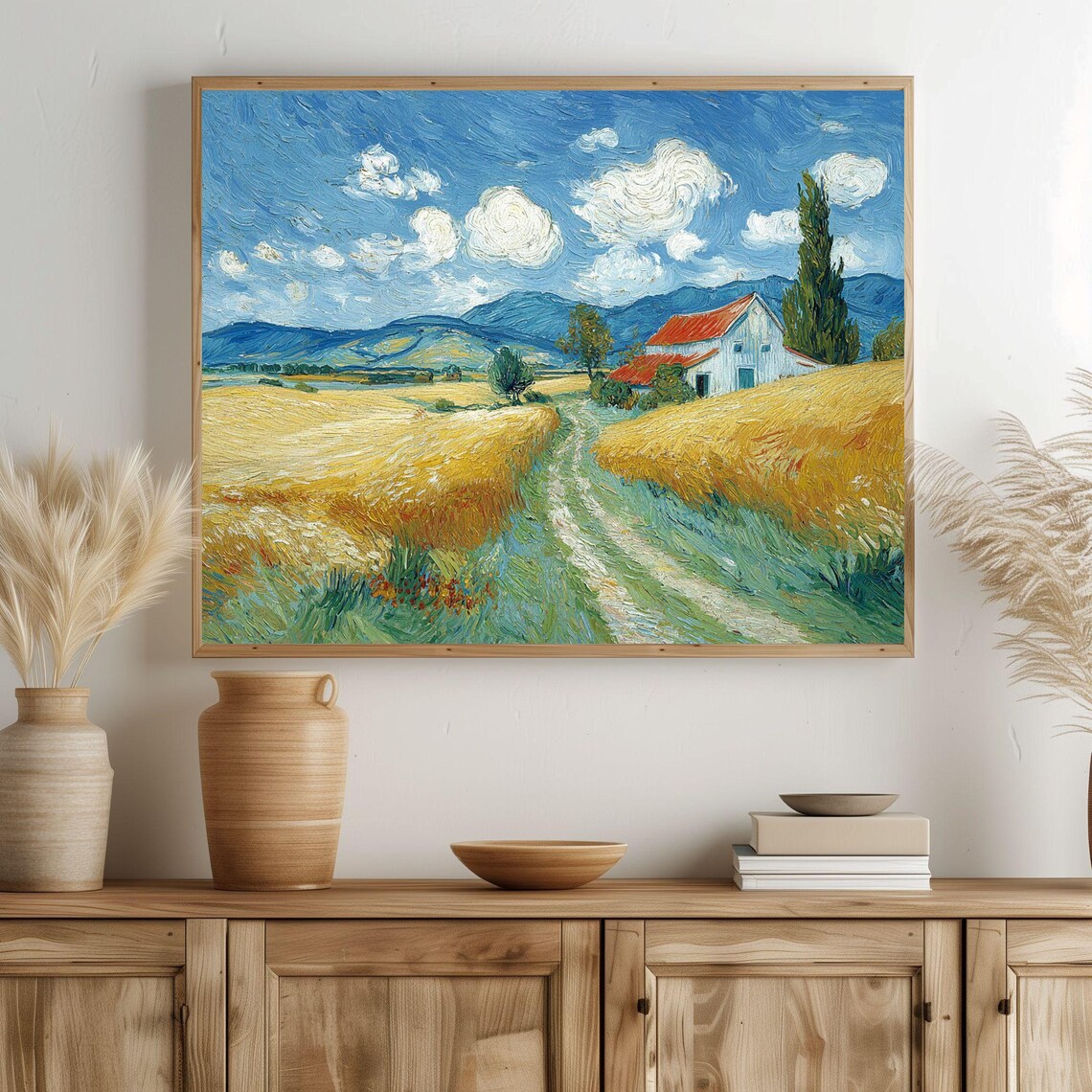 Red Barn Farmhouse Golden Wheat Field Countryside Painting Poster