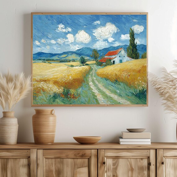 Red Barn Farmhouse Golden Wheat Field Countryside Painting Poster