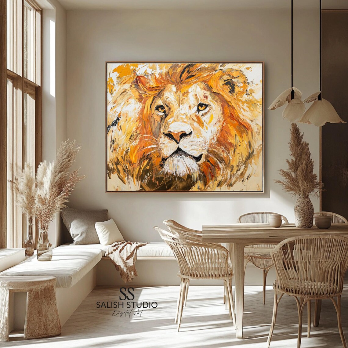 Golden Lion King Face Majestic Wildlife Oil Painting Art Poster