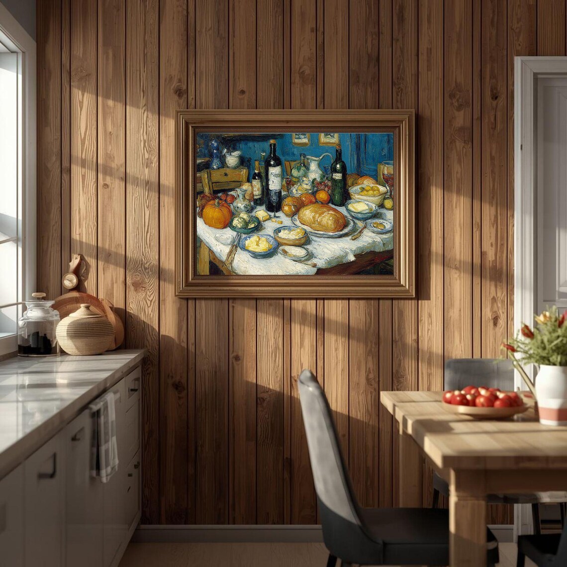 Van Gogh Style Still Life Feast Table Pumpkin Wine Bread Fruit Art Poster