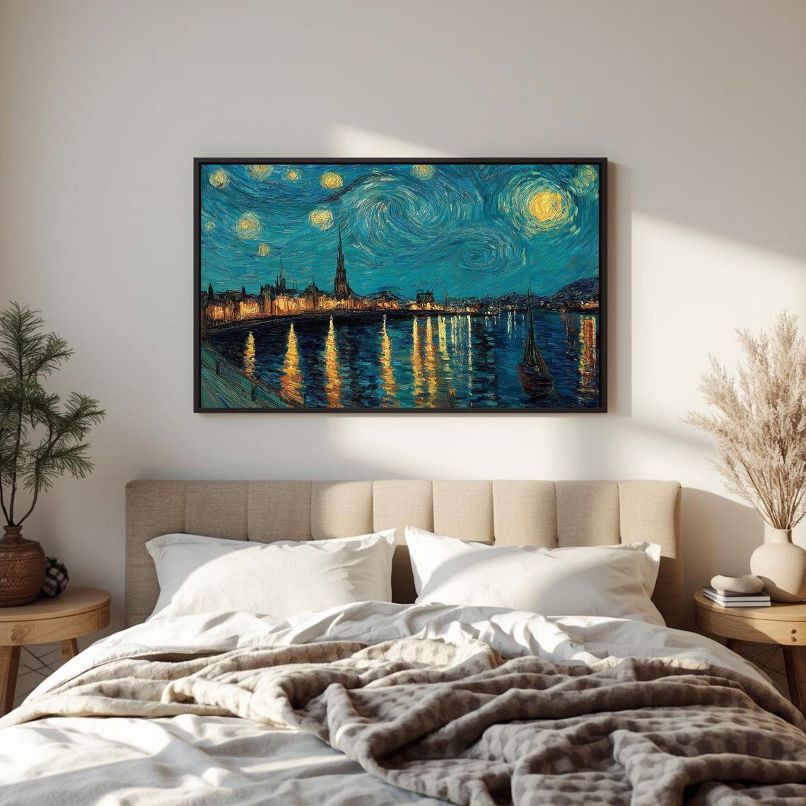Van Gogh Style Starry Night City Waterfront Church Spires Poster