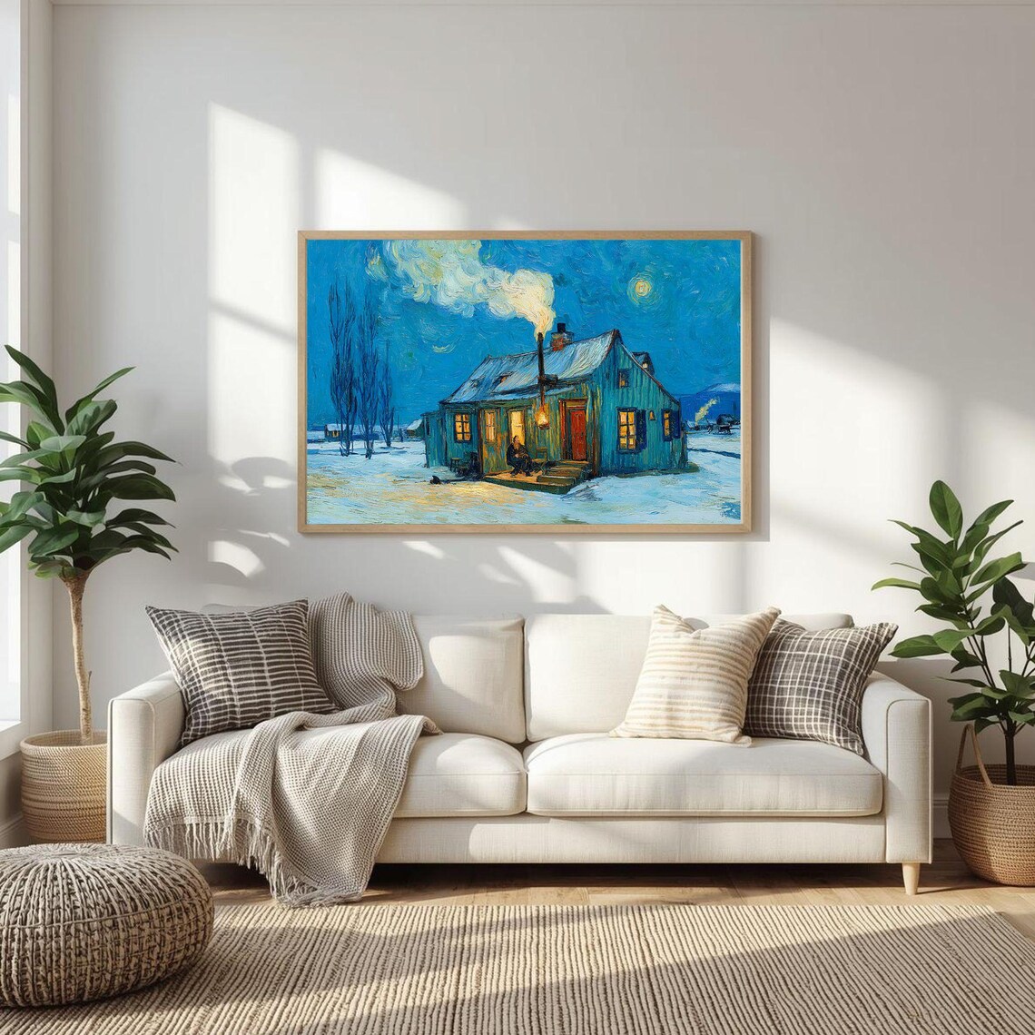 Starry Night Winter Cabin Cozy Snow Scene Impasto Art Poster