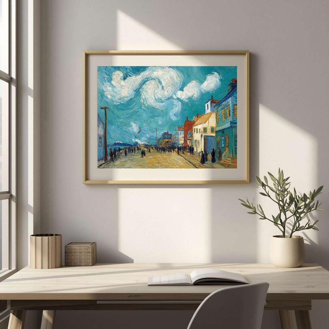 Van Gogh Style Bustling Coastal Town Street Swirling Sky Poster