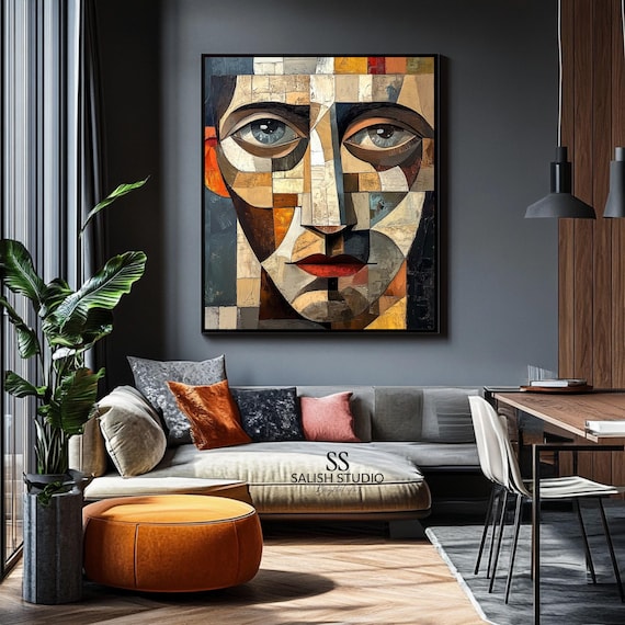 Cubist Portrait Moody Geometric Face Warm Neutrals Modern Art Print