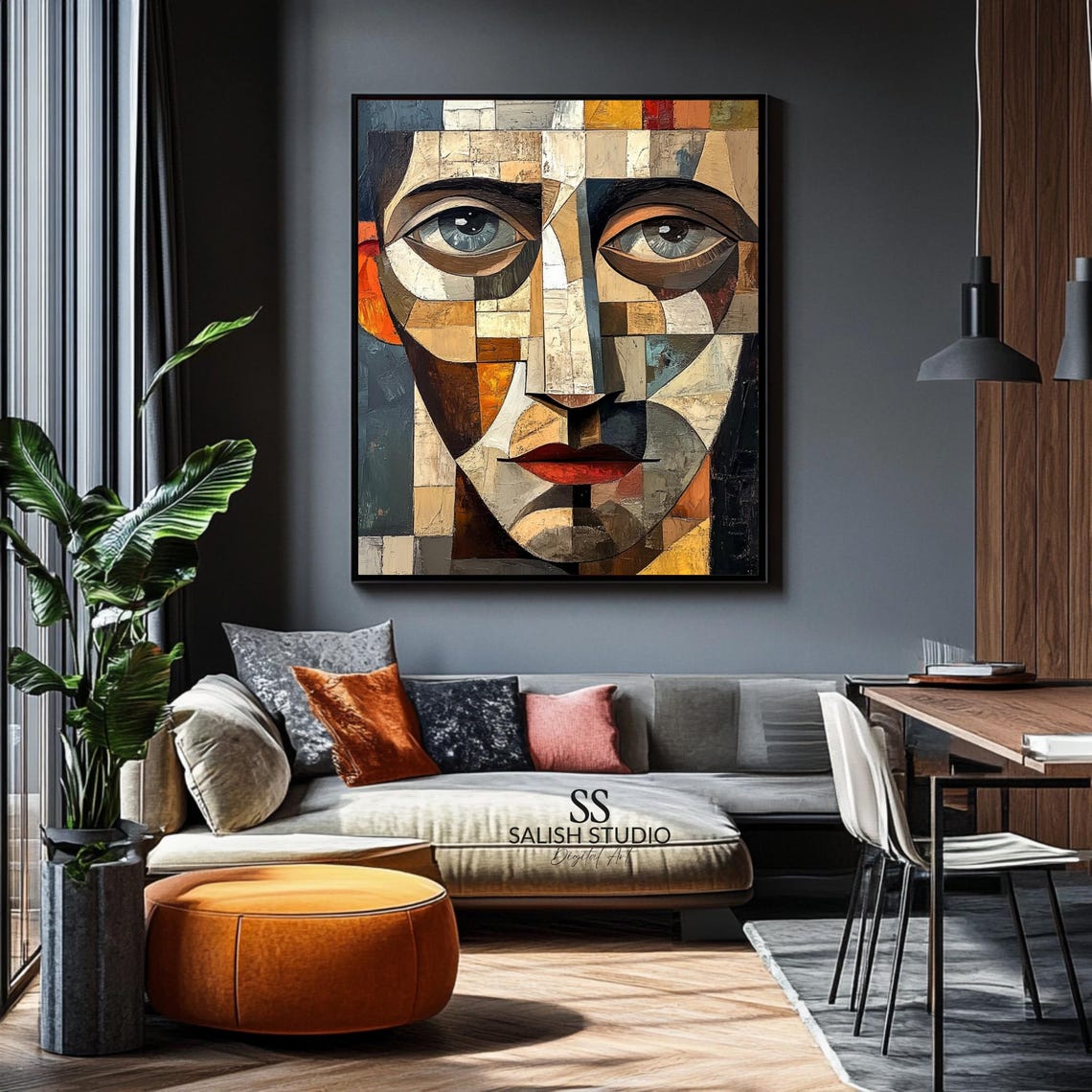 Cubist Portrait Moody Geometric Face Warm Neutrals Modern Art Print