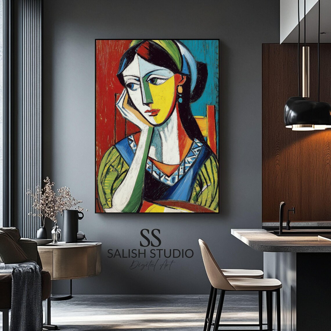 Cubist Woman Portrait Contemplative Colorful Abstract Art Poster