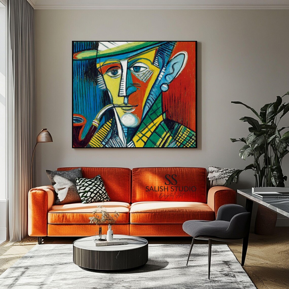 Cubist Man with Pipe Portrait Poster in Bold Multicolor Geometric Style