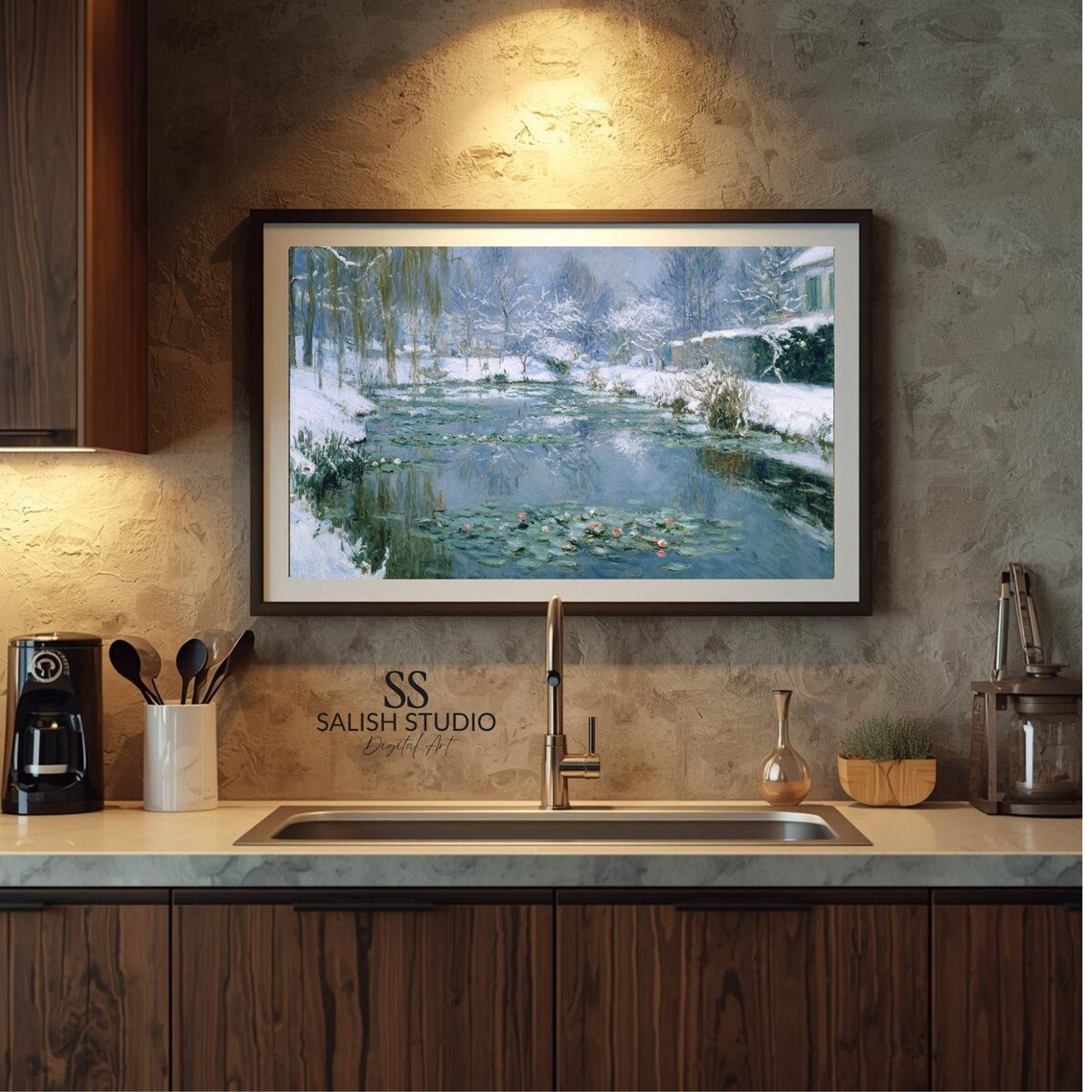 Water Lilies Snowy Pond Impressionist Winter Garden Art Poster