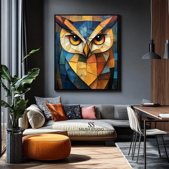 Geometric Owl Portrait Bold Mosaic Wall Art Colorful Modern Decor Abstract Stainedglass Style 474
