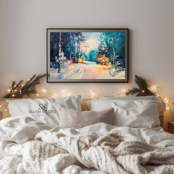 Moody Winter Forest Path Cozy Festive Landscape Art Snowy Birch Trees Warm Light Serene Decor 453