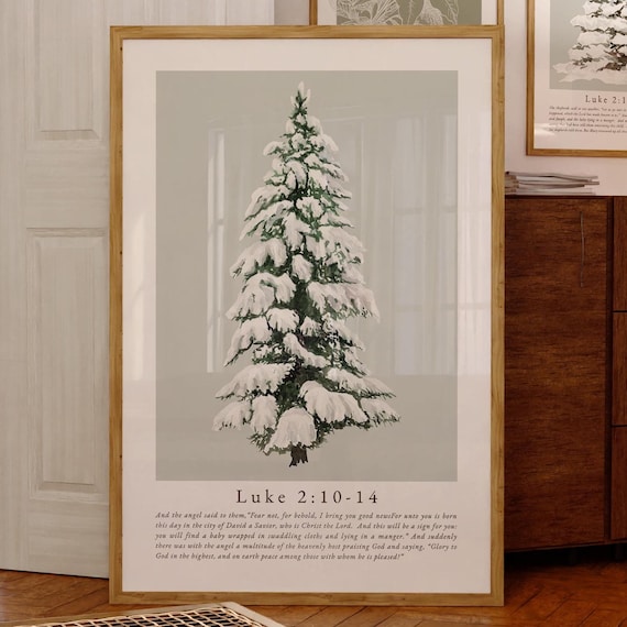 Luke 2 10-14 Christmas Scripture Snowy Pine Tree Faith Art Print