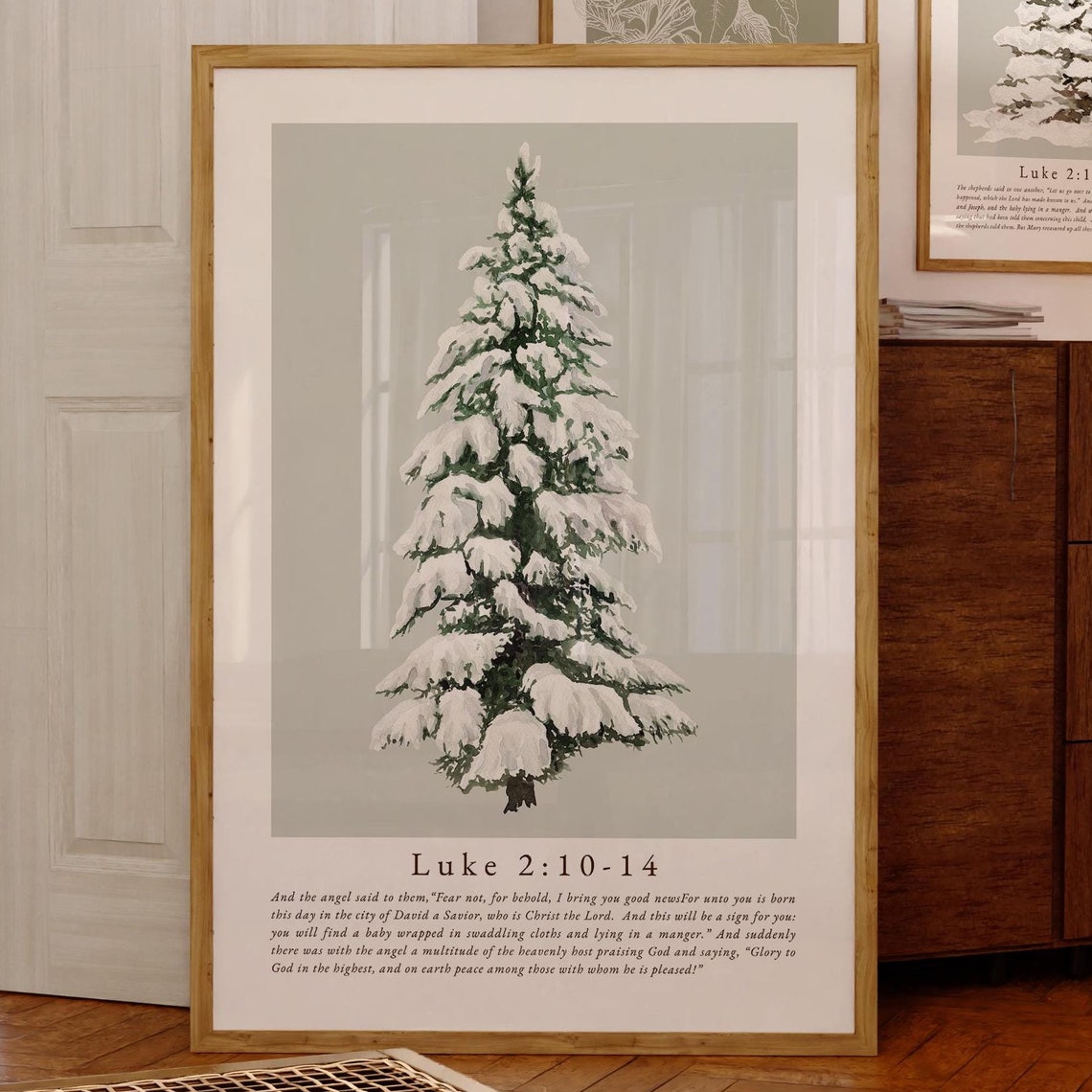 Luke 2 10-14 Christmas Scripture Snowy Pine Tree Faith Art Print