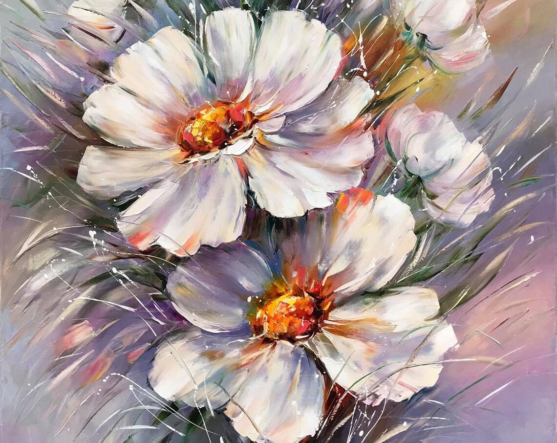 White Daisies Abstract Floral Oil Painting Art Print - Image 3