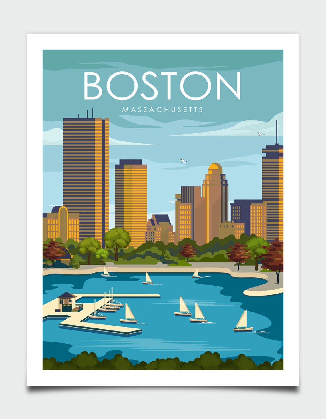 Boston Massachusetts Skyline Sailboats Harbor Retro Travel Poster - Image 3