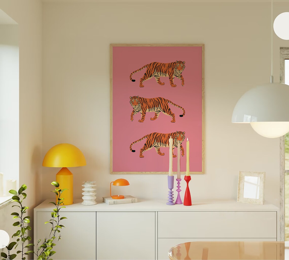 Pink Orange Tiger Print, Preppy Boho Art Print - Image 4