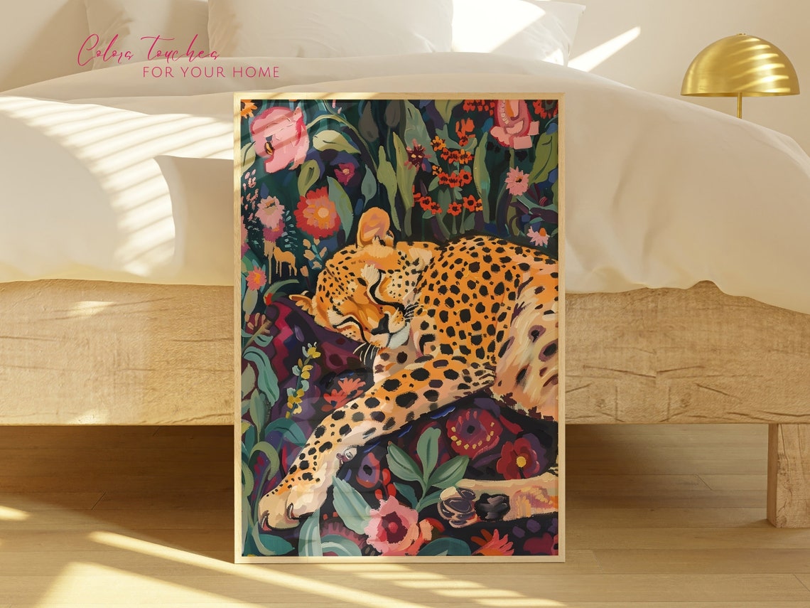 Sleeping Leopard Maximalist Jungle Floral Colorful Wildlife Art Poster - Image 2