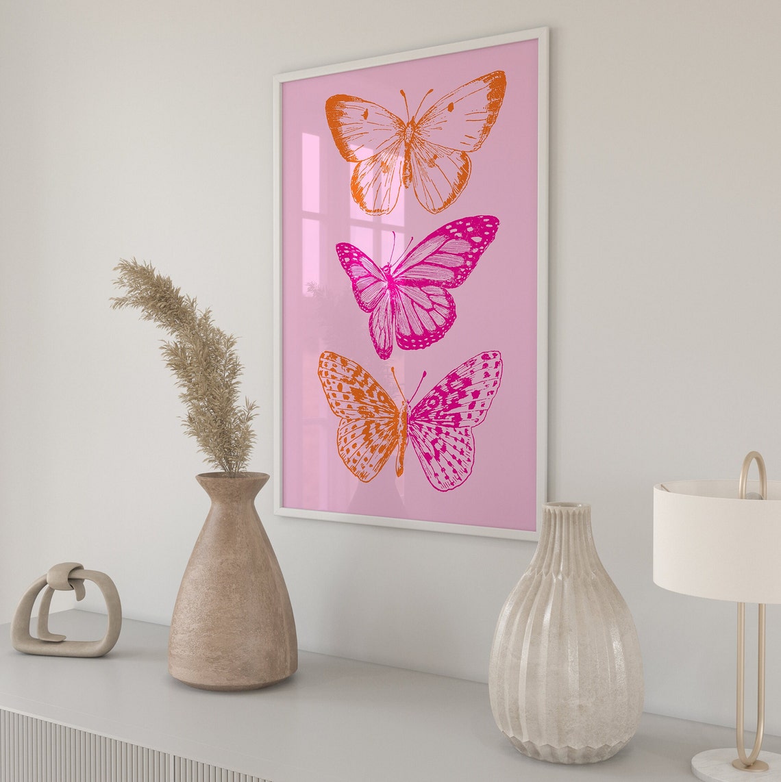 Pink Orange Butterfly Trio Vintage Style Illustration Poster
