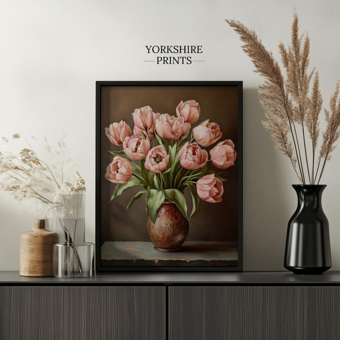 Blush Pink Tulips Copper Vase Moody Vintage Still Life Poster - Image 3